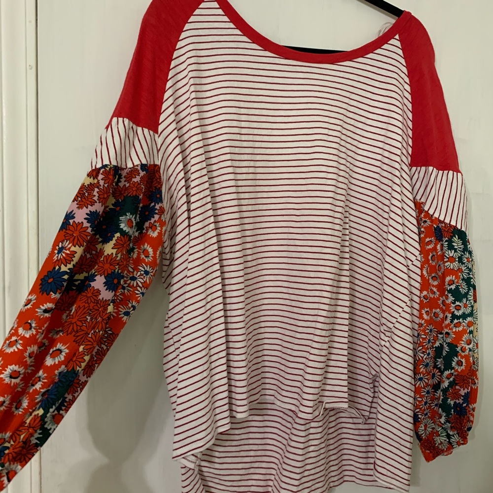 Umgee Balloon Printed Striped Sleeve Blouse